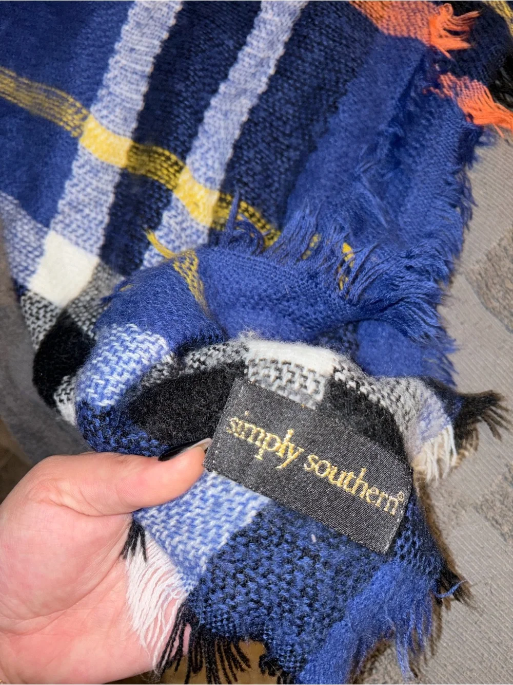 Simply Southern Blue Plaid Fringe Blanket Scarf with Green and Orange Accents